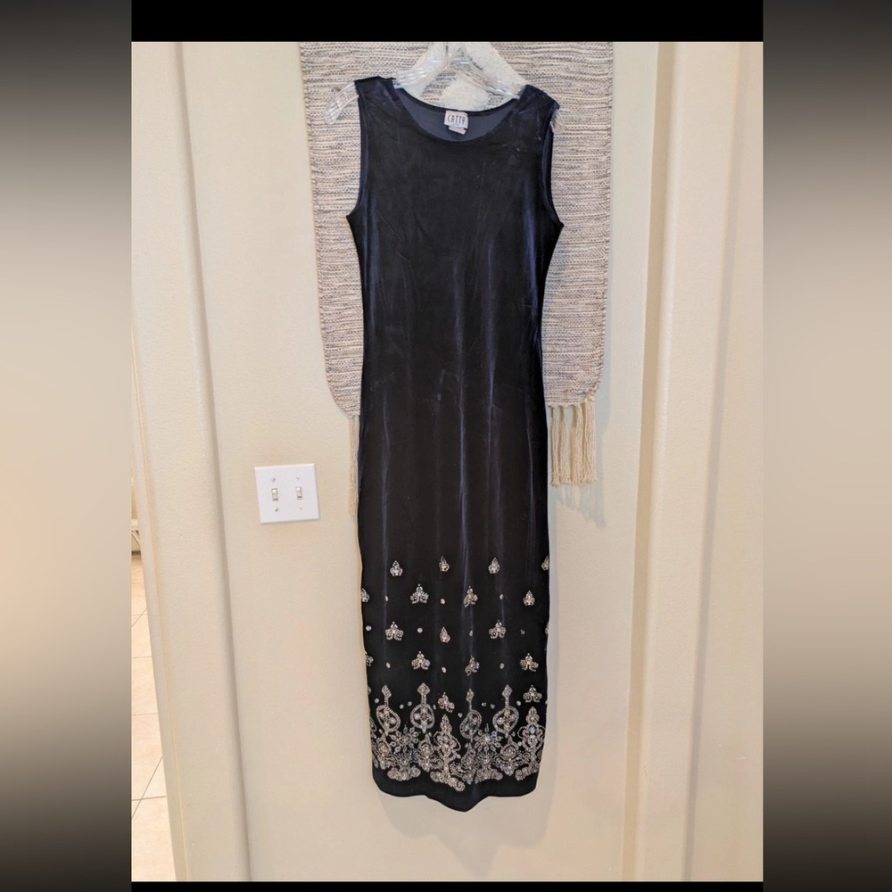 Vintage Catty Dark Blue Velvet Long Dress,Made In U.S
